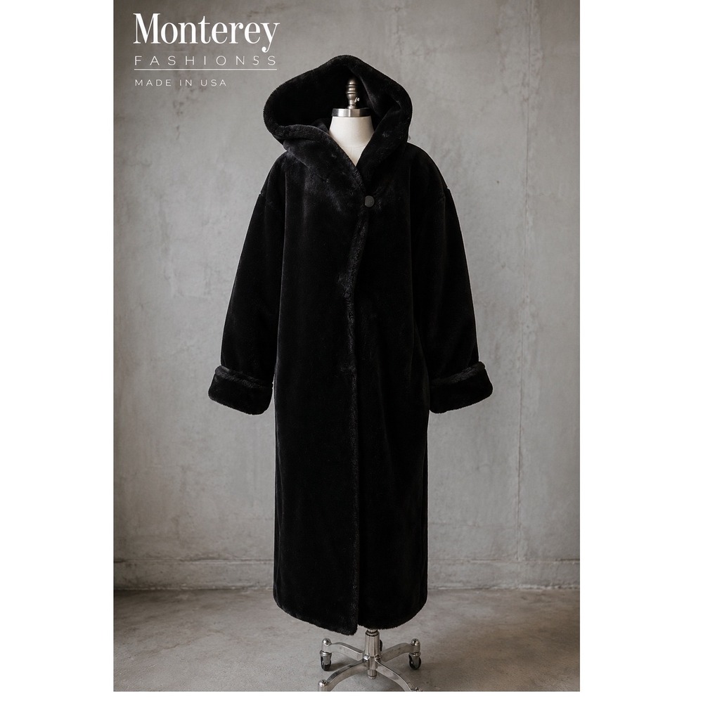 Monterey Fashions Black Faux Fur Hooded Full Length Coat Made in USA Medium